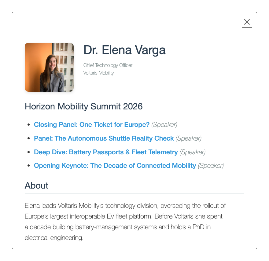 Speaker profile window with square photo, bio and session list