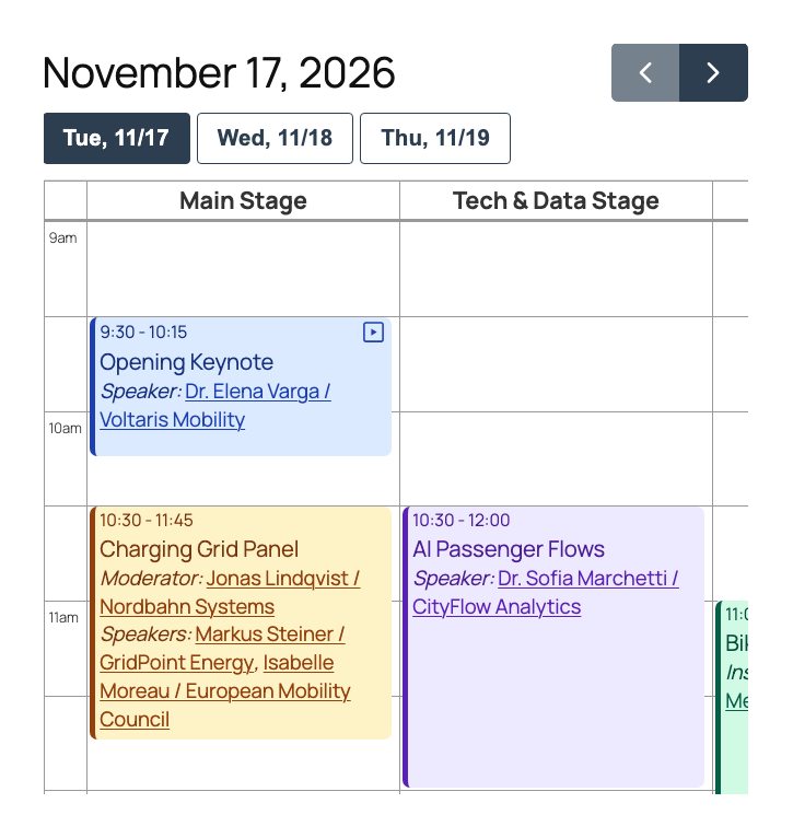 Schedule grid with two parallel stages, day tabs and colored sessions