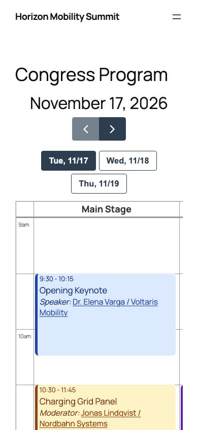 The schedule on a phone: day tabs wrap, single stage fills the width